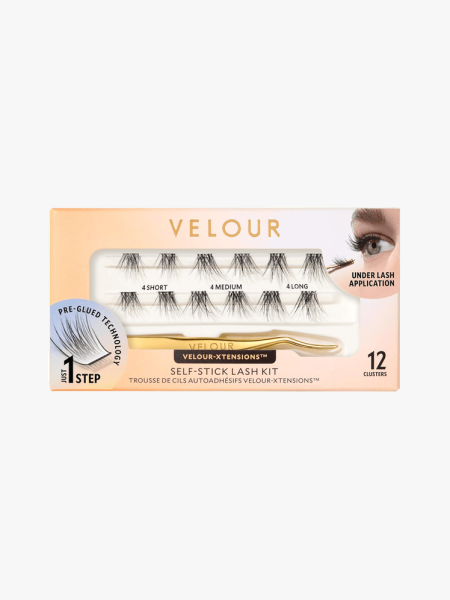 Velour Lashes Velour-Xtensions Self-Stick Lash Clusters Kit in branded component on a light gray background