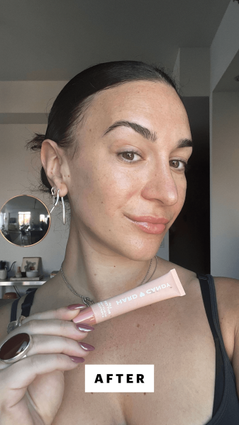 Wohlner after applying Hard Candy Lip Butter in Whipped Peach