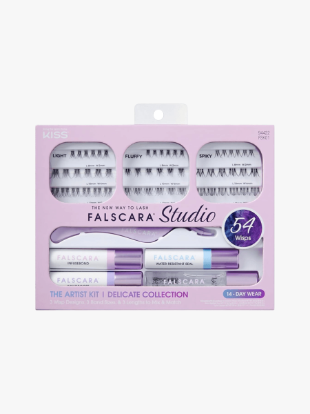 Kiss Falscara Studio Lash Extension Kit in branded component on a light gray background