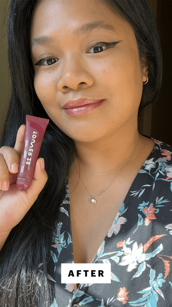 Calaor after applying the Tower 28 LipSoftie Lip Treatment in Ube Vanilla