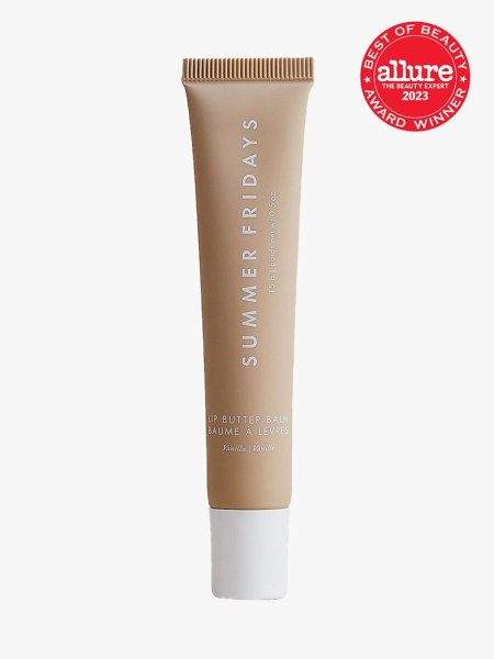Summer Fridays Lip Butter Balm tan tube with white cap and red Allure Best of Beauty seal in the top right corner on light gray background