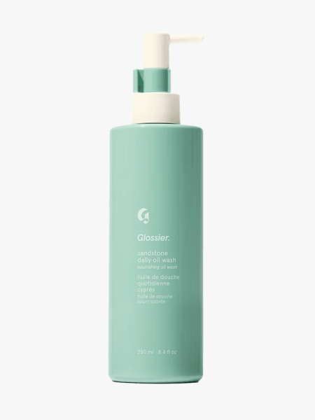 Glossier Nourishing Daily Oil Wash in Sandstone in branded component on a light gray background